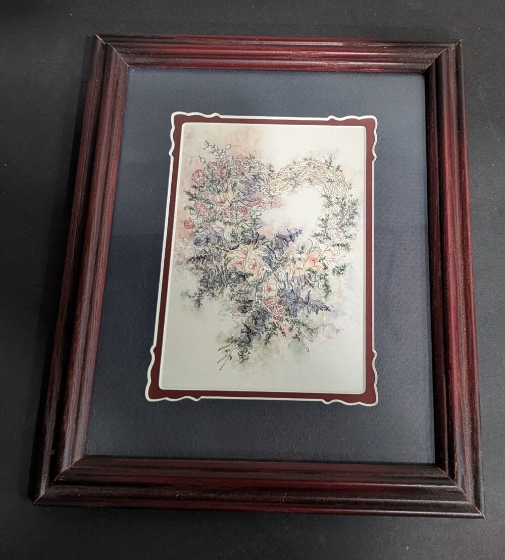 Vintage Pat Richter "Floral Heart" Watercolor Print Framed Matted Cottagecore